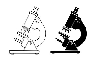 Microscope Outline and Solid Doodle Sketch. Education, Chemistry, Science, Biology, lab research equipment. Isolated vector illustration