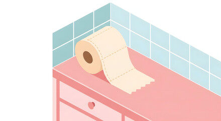 Isometric vector illustration of a toilet paper roll on a pink cabinet with blue tiled walls in a clean, minimalist bathroom setting.