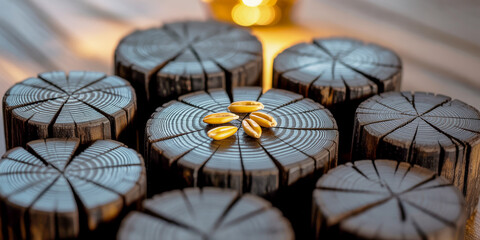 Golden grains rest on dark wood slices with soft bokeh lighting