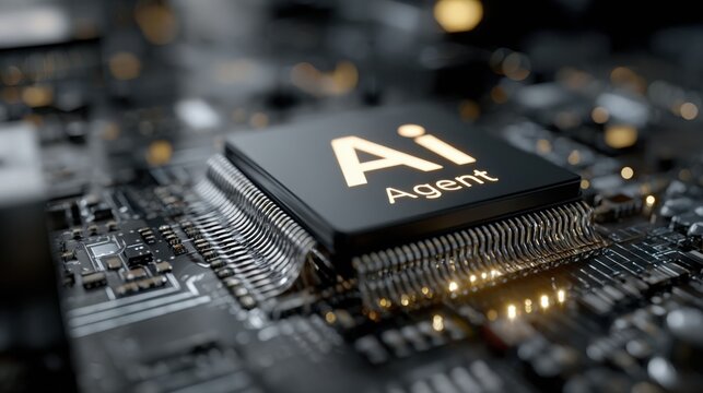 A computer chip labeled with AI Agent is positioned on a detailed circuit board. The intricate circuitry highlights the advanced technology behind artificial intelligence development.