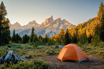 Sunrise camping in mountains.  Orange tent nestled in a pine forest at the base of a majestic mountain range