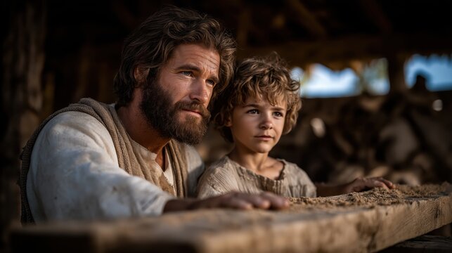 Young Jesus works beside Joseph in a sunlit carpentry shop in Nazareth, their hands shaping wood with quiet focus and warmth in a moment of sacred simplicity and connection.