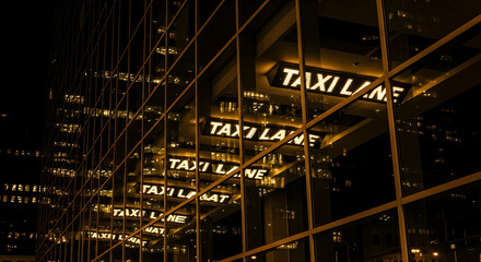 City Lights Reflecting Taxi Lane Signage In Urban Landscape At Night