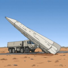 Missile transporter in a desert landscape.