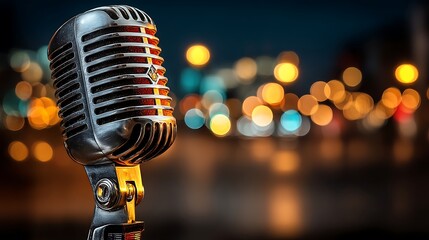 a vintage style microphone stands prominently in the foreground, showcasing its metallic casing and intricate grille