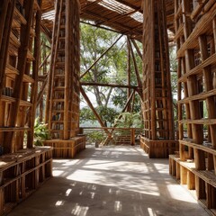 Fototapeta premium Sunlit bamboo library. Books line the walls of this unique structure.