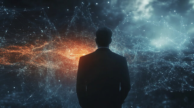 A man in a suit looking at a digital display with orange and blue abstract patterns on a dark background