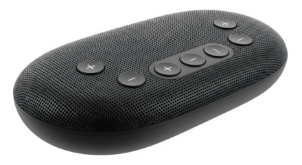 Sleek black speaker featuring volume controls offers portable audio for music lovers, bringing convenience and style to any setting while delivering impressive sound quality, transparent background