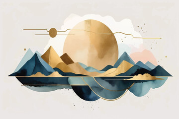 Watercolor, landscape, landscape painting, vector, abstract, color combination, texture, geometric shapes, golden elements, art, graphic composition, gold lines	
