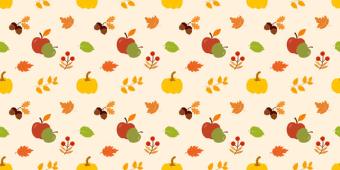 Seamless autumn pattern with apples, pumpkins, acorns and colorful leaves, editable background