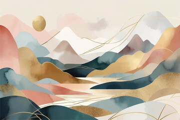 Watercolor, landscape, landscape painting, vector, abstract, color combination, texture, geometric shapes, golden elements, art, graphic composition, gold lines	
