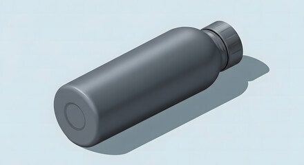Minimalist dark gray cylindrical bottle with screw cap and shadow, isolated on light background, 3D render