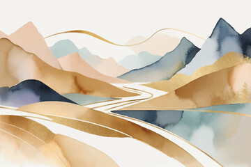 Watercolor, landscape, landscape painting, vector, abstract, color combination, texture, geometric shapes, golden elements, art, graphic composition, gold lines	
