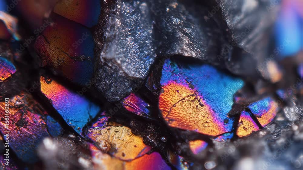 Poster macro close up view of a colorful mineral displaying iridescence and a complex crystal structure, hi
