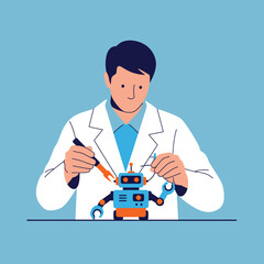 A scientist in a lab coat carefully repairs a small, cartoon robot.