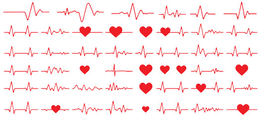 Red heartbeat line collection with heart symbol, cardiology, medical pulse, ECG, EKG design, healthcare clipart vector illustration, health monitoring, digital heartbeat graphics, v5