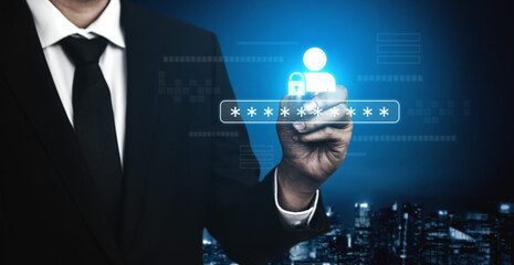 User authentication and password protection concept showing secure login, privacy safeguard, data...