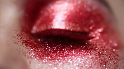Close up of dramatic eye makeup design featuring red glitter and long lashes during an artistic makeup session