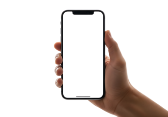 Hand holding a smartphone with a blank white screen for mockup. Isolated on transparent background, png