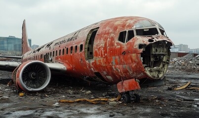 Abandoned aircraft fuselage in a desolate landscape, showcasing rusted exterior and exposed interior, surrounded by debris and urban skyline, representing decay and forgotten aviation history