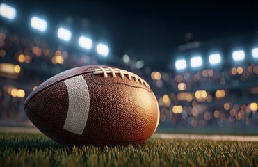 American football is situated on a grass field in a stadium at night with illumination from spotlights shining down on the arena surrounded by sport equipment embodying the recreation concept of a