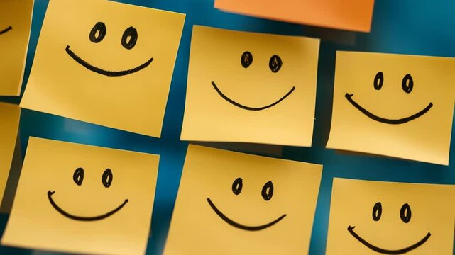 Cheerful sticky notes with smiley faces brighten up workspace environment