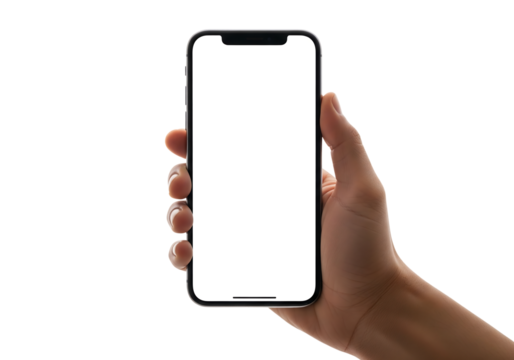 Hand holding a smartphone with a blank white screen for mockup. Isolated on transparent background, png - Powered by Adobe