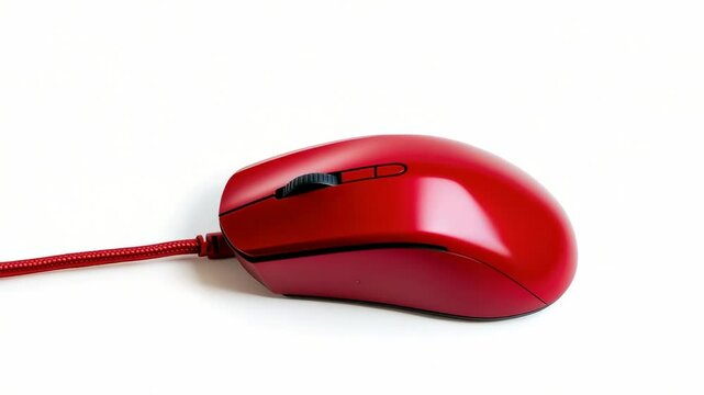 Bright red computer mouse on white surface showcasing modern design and clean lines