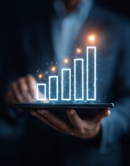 The businessman examines sales data and economic growth, utilizing modern tech tools to assess market strategy, as evidenced by a graph chart illustrating rising profit trends, while reviewing the