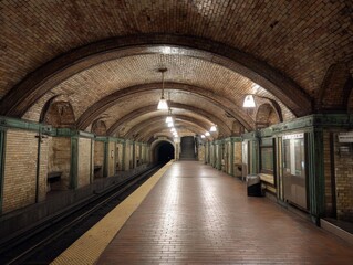 Obraz premium Empty subway platform with arched brick ceilings and vintage details. A quiet, atmospheric scene.
