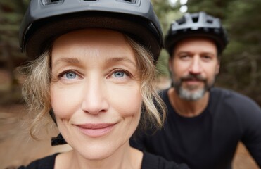 A couple spends a sunny day mountain biking together on a forest trail, embracing their active lifestyle and outdoor recreation, and they appear happy as they ride their bikes in nature, with the