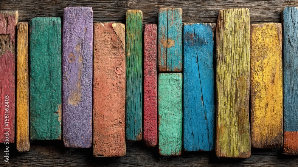 Poster vibrant wooden planks in various colors are laid out in a linear pattern on a dark, weathered wooden