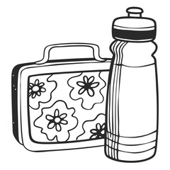 Minimal line art of lunch box, apple, and water bottle. Great for parent communication tools or blogs.