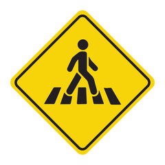 pedestrian crossing warning sign icon - yellow diamond traffic symbol with walking person on crosswalk