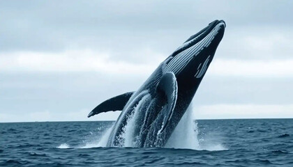 Fototapeta premium Leaping dolphin in the blue ocean with a humpback whale tail