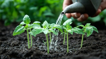 Young green plants being watered with a metal watering can, showcasing the nurturing process in a garden setting, surrounded by rich soil and vibrant greenery, symbolizing growth and sustainability