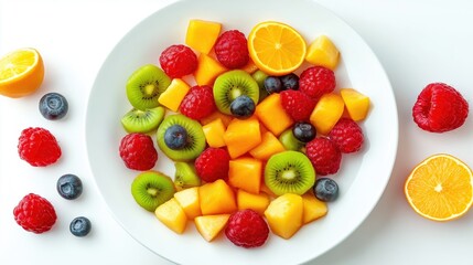 Fresh colorful fruit salad served on a white plate with clean minimal background, symbolizing healthy eating and natural nutrition.