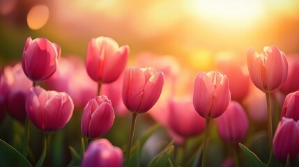 Vibrant pink tulips blooming in a lush garden, illuminated by warm sunlight, creating a serene atmosphere with a soft bokeh background, showcasing the beauty of nature in springtime