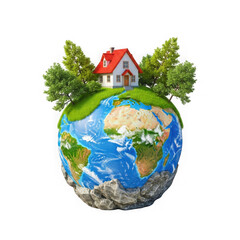 A cozy house rests on a lush green hilltop atop the planet earth