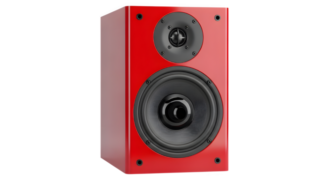 A vibrant red bookshelf speaker offers rich audio fidelity and a modern aesthetic, perfect for a home entertainment system or audiophile setup delivering clear sound, transparent background