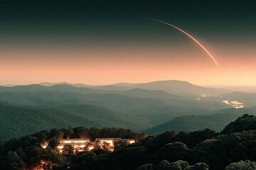 Illuminated mountain range with a distant rocket trail.