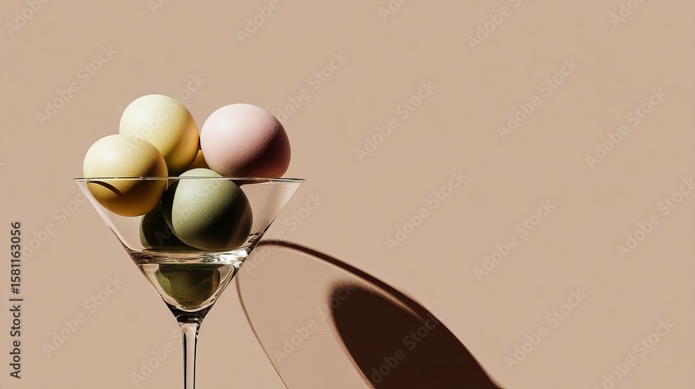 Poster a pink backdrop serves as the setting for a wine glass filled with a drink and topped with a balance