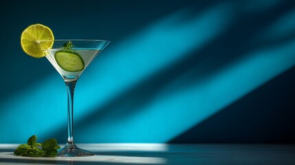 The table by the pool holds a green drink that includes cucumber, lime, and mint