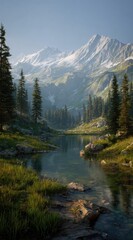 Mountain lake scene with frosted peaks