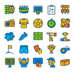 Colorful soccer icons depicting equipment, actions, and stadium elements.