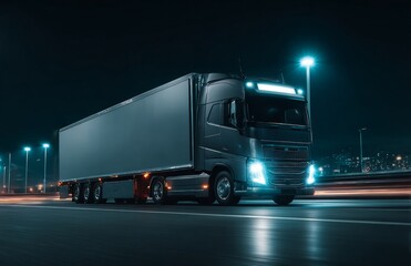 Driving on the highway at night, an electric semi-trailer truck creates a blue light trail, exemplifying the concept of electric mobility, highlighting the importance of sustainable transportation,