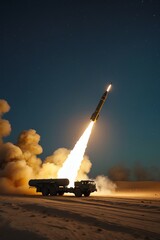 Obraz premium Rocket launching from a military vehicle into the night sky with stars