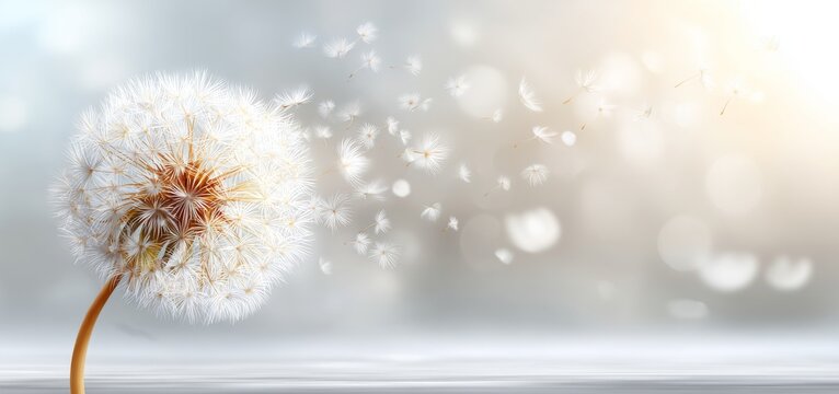A dandelion with flying seeds set against a white background symbolizes hope and comfort, often featured on condolence cards to express grief, loss, and support during funerals, while also