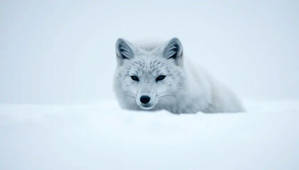 Naklejka premium A cute white arctic fox, a wild canine mammal, is a beautiful predator in the cold winter snow
