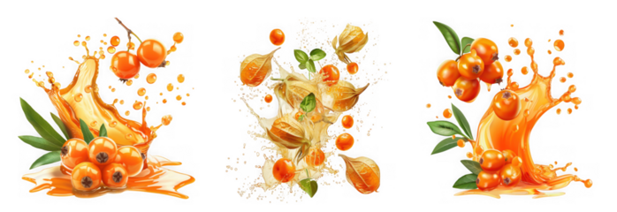 A mix of sea buckthorn and physalis fruits splash in juice isolated on transparent background